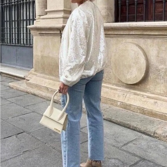 - CHAMPAGNE SEQUIN SILVER BOMBER JACKET WITH ZIPPER sz large - Picture 4 of 7